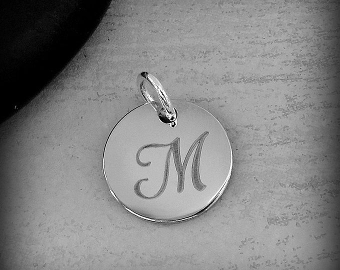 Stainless Steel Letter M Charm, Silver Engraved Letter M Round Disc Initial Charm, Cursive M Charm, Engraved Alphabet Script Font Pendant