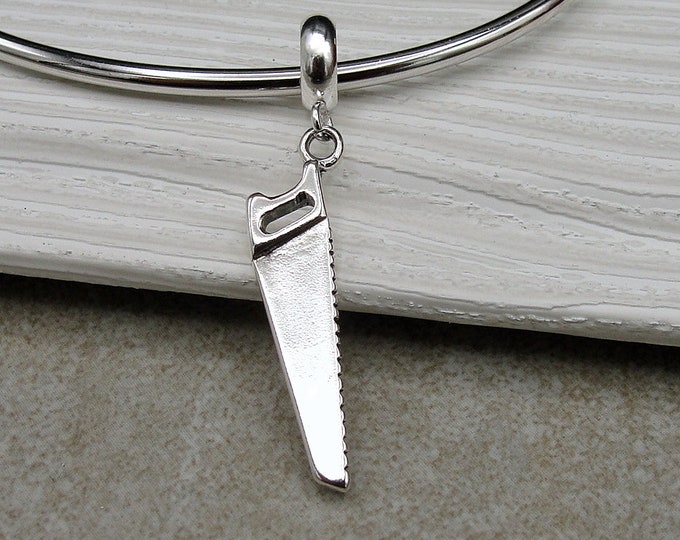 Hand Saw European Charm, 925 Sterling Silver Handsaw Dangle Charm, Wood Saw Charm, Woodworking Charm, Carpentry Charm, Handyman Gift Jewelry