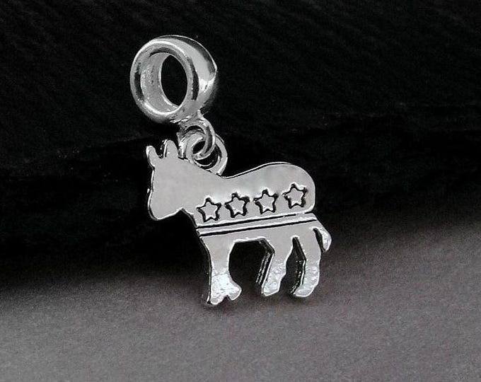 Democrat Donkey European Charm, Silver Democrat Dangle Charm, Democrat Charm with Bail, Liberal Party Charm, Large Hole Bead, Democrat Gift