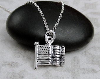 Sterling Silver American Flag Necklace, USA Flag Charm Necklace, Patriotic Charm, American Flag Charm, American Flag Jewelry