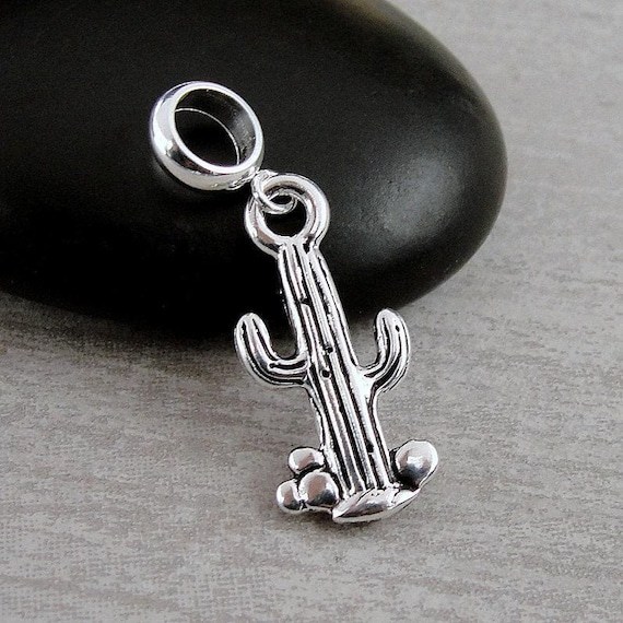 Cactus European Charm, Silver Cactus Dangle Charm, Cactus Charm with Bail, Succulent Charm, Snake Bracelet Charm, Large Hole Bead