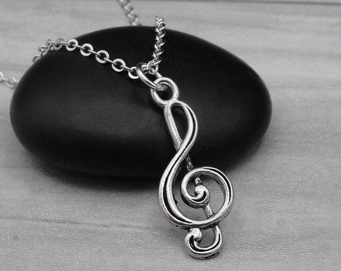 Treble Clef Necklace, Silver Plated Treble Clef Charm Necklace, Music Note Necklace, Pianist Charm, Music Teacher Gift, Piano Teacher GIft