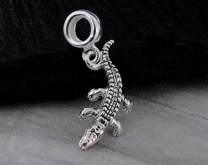 Alligator European Charm, Silver Alligator Dangle Charm, Crocodile Charm with Bail, Gator Charm, Lizard Charm, Alligator Gift Jewelry