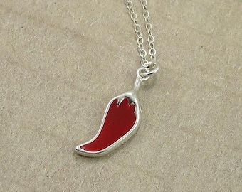 Red Chili Pepper Necklace, Sterling Silver Red Hot Chili Pepper Charm on a Silver Cable Chain