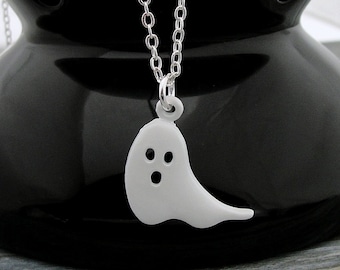 Spooky Ghost Necklace, Silver Ghost Charm on a Silver Cable Chain