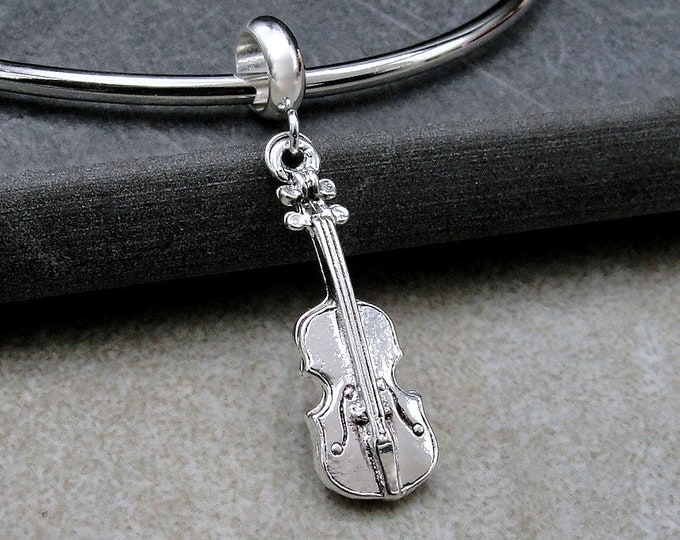 Violin European Charm, Silver Violin Dangle Charm, Cello Charm with Bail, Fiddle Charm, Musical String Instrument Charm, Large Hole Bead