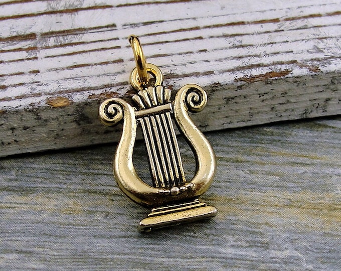 Lyre Charm, Gold Musical Lyre Charm for Necklace or Bracelet, Harp Charm, Greek Lyre Charm, Sorority Charm, Sorority Gift, Greek Music Charm
