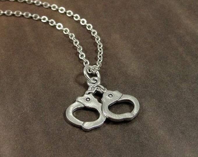 Handcuffs Necklace, Silver Plated Pair of Handcuffs Charm on a Silver Cable Chain