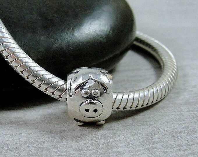 925 Sterling Silver Pig European Charm, Pig European Bead, Little Piggy Bracelet Charm, Large Hole Bead, Big Hole Bead