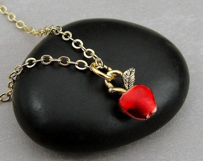 Tiny Red Apple Necklace, Gold Plated Apple Necklace, Red Apple Charm, Teacher Necklace, Teacher Jewelry, Gift for Teacher, Red Apple Jewelry