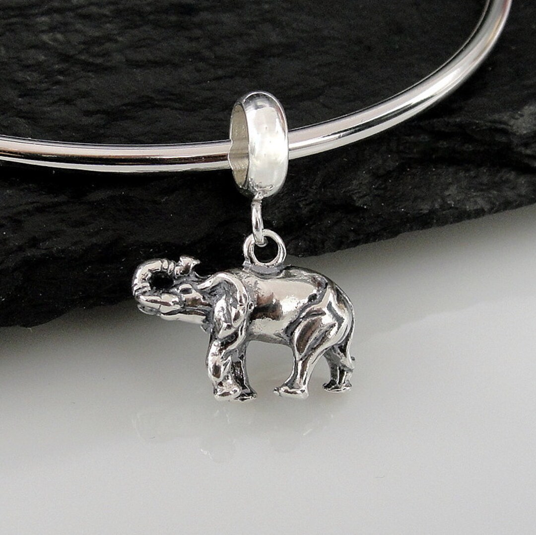 Elephant Dangle Charm Bead For Snake Chain Bracelets - Fits Pandora, Chamilia, Silver Tone With Rhinestones - View #2