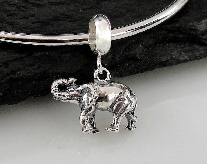 Sterling Silver Elephant European Dangle Bead Charm, 3D Elephant Charm, Bracelet Charm, Large Hole Bead, Big Hole Bead