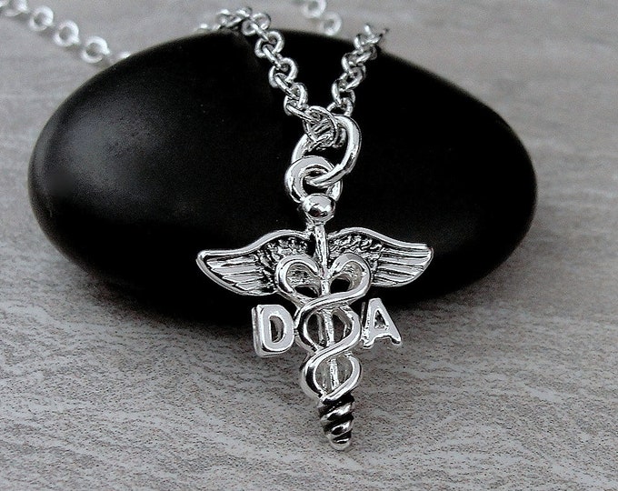 Dental Assistant Necklace, Silver DA Caduceus Charm Necklace, Dental Assistant Charm, Dental Assistant Gift, DA Symbol Necklace