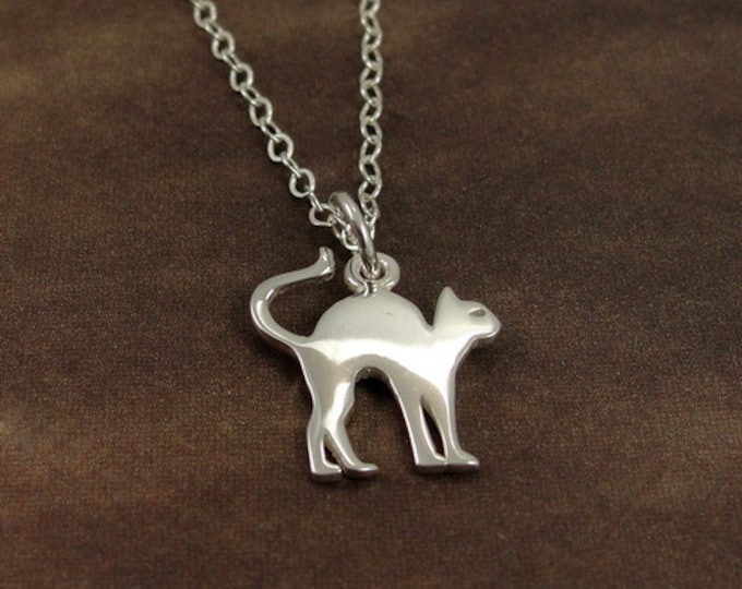 Scaredy Cat Necklace, Sterling Silver Spooky Cat Charm on a Silver Cable Chain