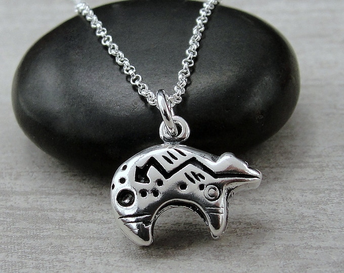 Heartline Bear Necklace, 925 Sterling Silver Zuni Bear Charm on a Silver Cable Chain, Southwestern Charm, Native American Bear Necklace