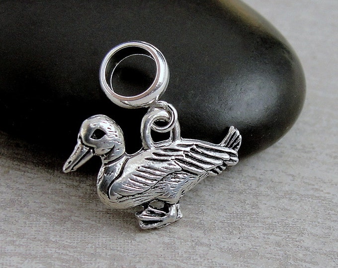 Duck European Charm, Silver Duck Dangle Charm, Mallard Duck Charm with Bail, Snake Bracelet Charm, Large Hole Bead, Duck Jewelry, Duck Gift