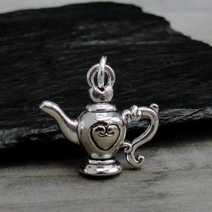 Silver 3D Teapot Charm, Teapot Necklace Charm, Teapot Bracelet Charm, Teapot with Heart Charm, Tea Lover Charm, Tea Drinker Gift
