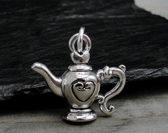 Silver 3D Teapot Charm, Teapot Necklace Charm, Teapot Bracelet Charm, Teapot with Heart Charm, Tea Lover Charm, Tea Drinker Gift