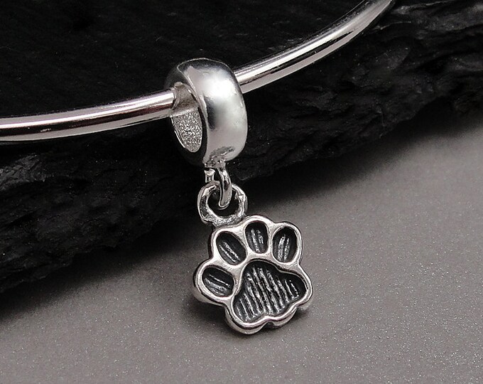 Paw Print European Charm, Sterling Silver Paw Print Dangle Charm, Cat Paw Charm with Bail, Dog Paw Charm, Cat Lover Gift, Large Hole Bead
