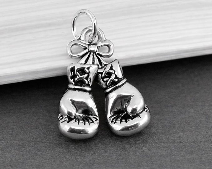 Boxing Gloves Charm, Silver 3D Boxer Pendant for Necklace or Bracelet, Fighter Jewelry, Gift for Cancer Survivor