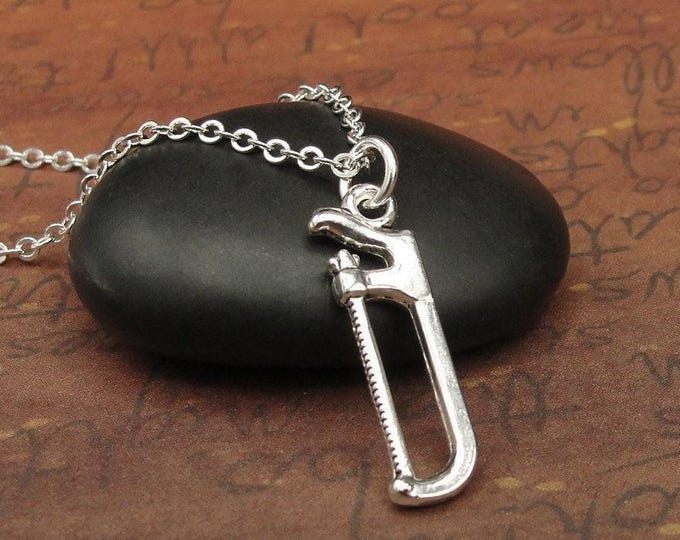 Hacksaw Necklace, Silver Plated Hacksaw Charm Necklace, Metal Saw Necklace, Handyman Charm, Handyman Gift, Hack Saw Charm Jewelry