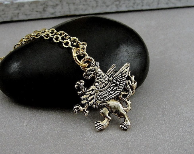 Griffin Necklace, Gold Griffin Charm Necklace, Griffin Pendant, Griffin Jewelry, Gryphon Necklace, Magestic Bird Charm, Griffin Themed Gift