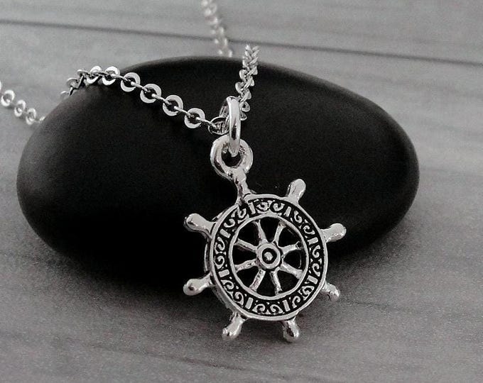 Ship Wheel Necklace, Silver Plated Captain's Wheel Charm Necklace, Boat Wheel Charm, Nautical Charm, Nautical Necklace, Ship Helm Necklace