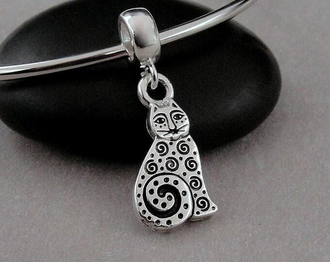 Artsy Cat European Charm, Silver Swirly Cat Dangle Charm, Unique Cat Charm with Bail, Art Deco Cat Dangle Charm, Kitty Cat Large Hole Bead