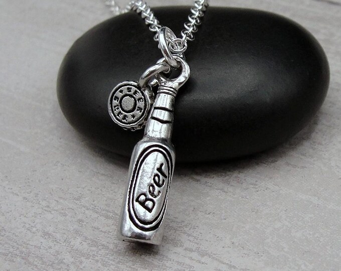 Beer Bottle Necklace, Silver 3D Beer Bottle Charm Necklace, Beer Jewelry, Bartender Gift, Brewer Gift, Bartender Charm, Beer Mug Charm