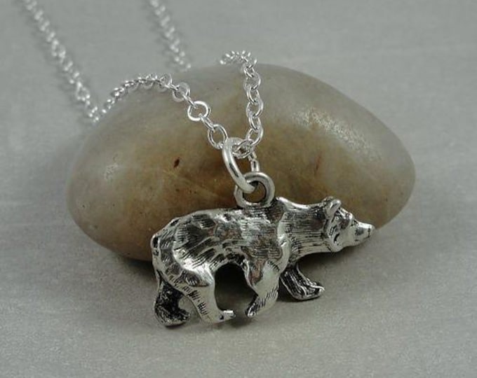 Grizzly Bear Necklace, Silver Plated Grizzly Bear Charm on a Silver Cable Chain