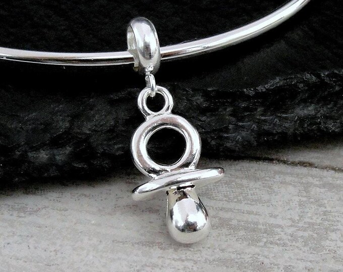 Pacifier European Charm, Silver 3D Baby Pacifier Dangle Charm, Binky Charm with Bail, Newborn Baby Charm, Baby Shower Gift, Large Hole Bead