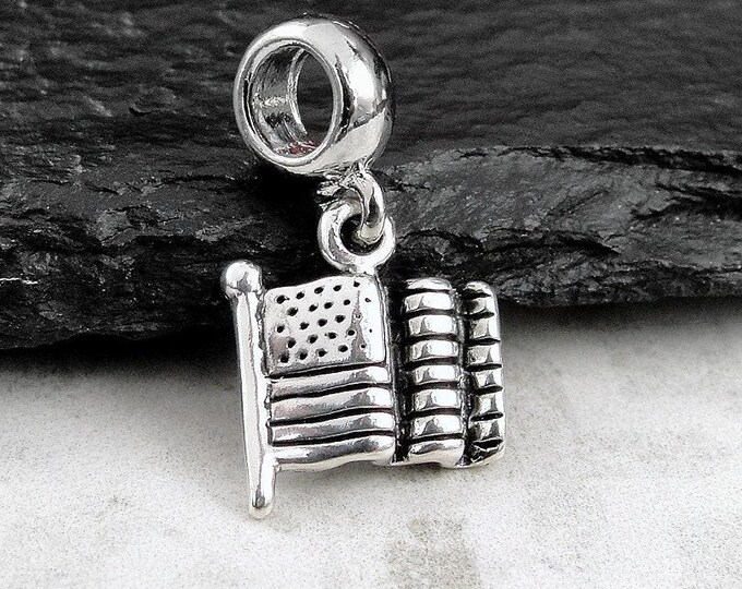 American Flag European Charm, 925 Sterling Silver USA Flag Dangle Charm, USA Flag Charm with Bail, Patriotic Charm, Large Hole Bead