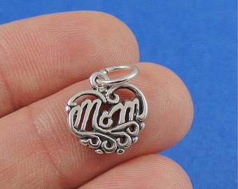 Mom Heart Charm - Sterling Silver Filigree Heart Mom Charm for Necklace or Bracelet