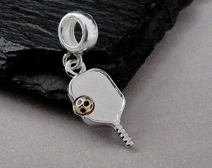 Silver Pickleball Dangle Charm, Pickleball Charm, Pickle Ball Paddle Charm, Pickleball Gift, Bracelet Charm, Large Hole Bead, Big Hole Bead
