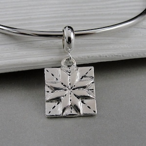 Quilt Block European Charm, Silver Quilt Square Dangle Charm, Quilt Patch Charm with Bail, Snake Bracelet Charm, Large Hole Bead