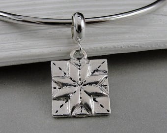 Quilt Block European Charm, Silver Quilt Square Dangle Charm, Quilt Patch Charm with Bail, Snake Bracelet Charm, Large Hole Bead