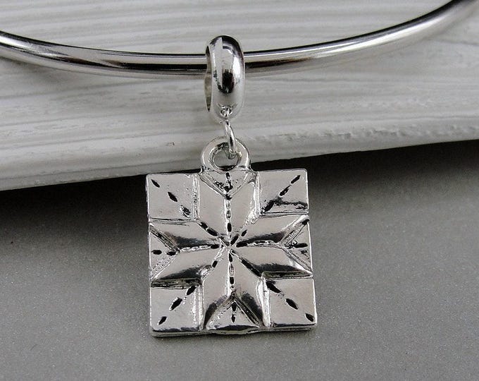 Quilt Block European Charm, Silver Quilt Square Dangle Charm, Quilt Patch Charm with Bail, Snake Bracelet Charm, Large Hole Bead