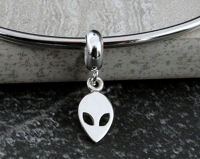 Alien European Charm, Sterling Silver Alien Dangle Charm, UFO Charm with Bail, Martian Charm, Snake Bracelet Charm, Large Hole Bead