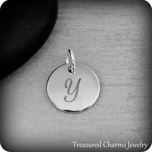 Stainless Steel Letter Y Charm, Silver Engraved Letter Y Round Disc Initial Charm, Cursive Y Charm, Engraved Alphabet Script Font Pendant