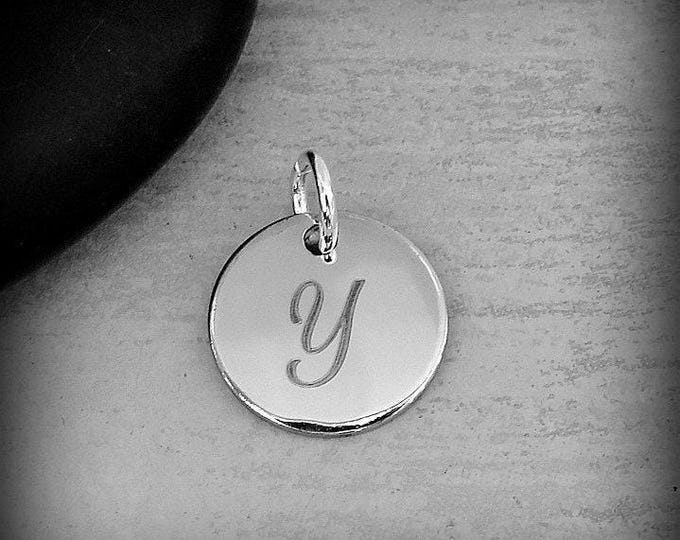 Stainless Steel Letter Y Charm, Silver Engraved Letter Y Round Disc Initial Charm, Cursive Y Charm, Engraved Alphabet Script Font Pendant