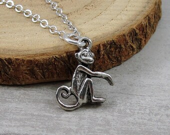 Tiny Monkey Necklace, Silver Plated Small Monkey Charm on a Silver Cable Chain, Primate Chimp Jewelry, Monkey Necklace Gift