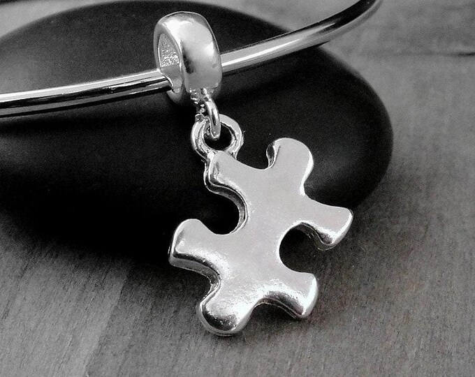 Puzzle Piece European Charm, Silver Jigsaw Puzzle Dangle Charm, Autism Awareness Charm, Silver Puzzle Charm, Puzzle Large Hole Bead