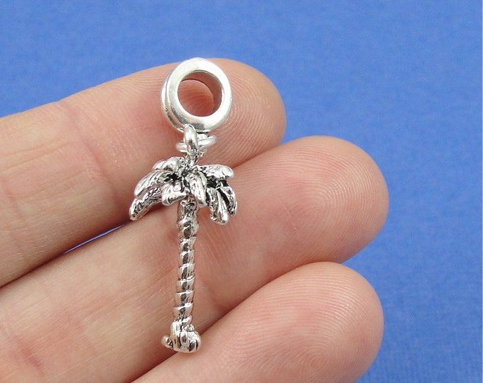 Silver 3D Palm Tree European Charm, Palm Tree Dangle Charm, Large Hole Bead, Tropical Hawaiian Tree Charm with bail fits European Bracelets