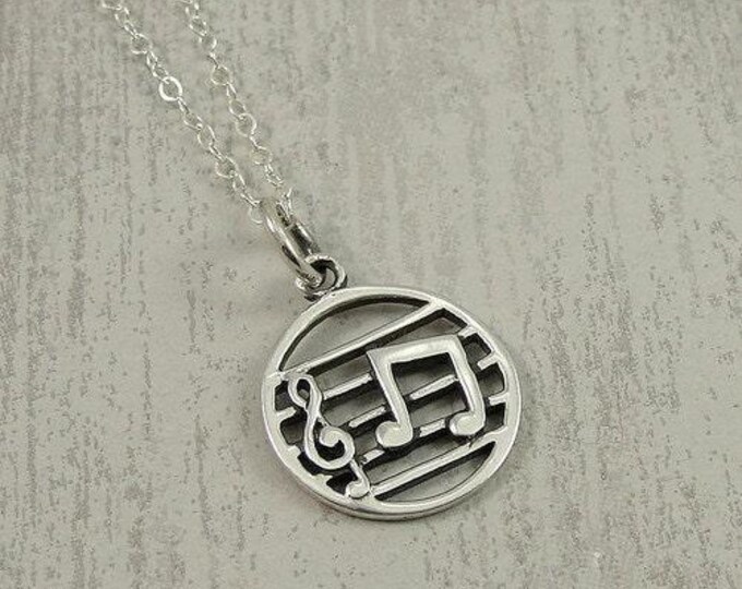 Music Note and Treble Clef Necklace, Sterling Silver Musical Charm on a Silver Cable Chain