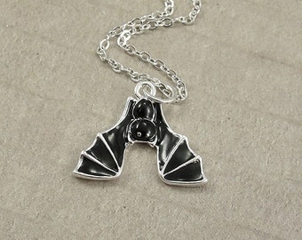 Hanging Bat Necklace, Silver Plated Hanging Bat Charm on a Silver Cable Chain