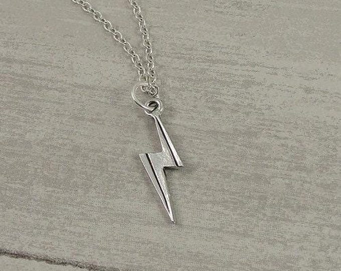 Lightning Bolt Necklace, Silver Plated Lightning Bolt Charm on a Silver Cable Chain