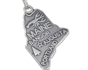 Details about / New Polished Rhodium Plated 925 Sterling Silver Maine State Map Charm Pendant