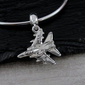 USA Fighter Jet European Charm, Silver Military Plane Dangle Charm, Fighter Aircraft Charm with Bail, Airforce Charm, Large Hole Bead
