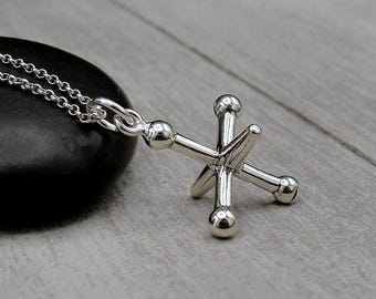 Toy Jack Necklace, 925 Sterling Silver 3D Toy Jacks Charm Necklace, Game of Jax Charm, Game Piece Charm, Children's Game Charm Jewelry