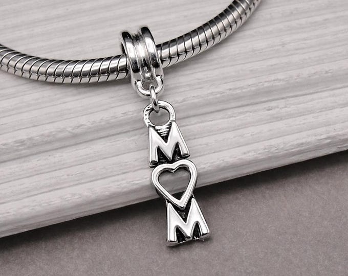 Silver Mom Heart Dangle Charm - Mother's Day Pendant with Bail - Large Hole Bead fits European Bracelets